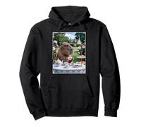 Cute Capybara Sip Tea Rose Cup Cottagecore Floral Garden Pullover Hoodie