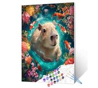 Cute Capybara Swimming Paint by Numbers for Adults Beginner Animals Koi Fish Oil Painting Kits on Canvas with Brushes and Acrylic Flowers Painting Crafts DIY Home Wall Decor 16X20 Inch (Frameless)
