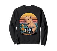 Cute Capybara Watering Flowers Retro Sunset Sweatshirt