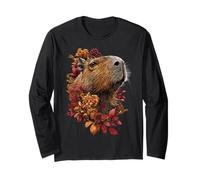 Cute Capybara with Autumn Leaves Fall Flowers Forest Animal Long Sleeve T-Shirt