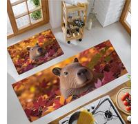 Cute Capybaras 2 Pieces Kitchen Floor Mats Rugs, Autumn Healing Kitchen Rugs Non Slip for Decoration, 40x60+40x120cm Door Mats for Hallway Dining Room and Entryway - Warm Orange