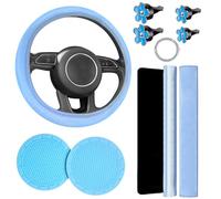 Cute Car Accessories Set, 10 Pcs Leather Steering Wheel Cover for Women, Seat Belt Pads Extended Edition, Cup Holders, Bling Ring, Vent Clip