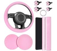 Cute Car Accessories Set, 10 Pcs Leather Steering Wheel Cover for Women, Seat Belt Pads Extended Edition, Cup Holders, Bling Ring, Vent Clip