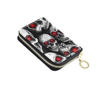 Cute Card Holder RFID Blocking Leather Women Wallet Zip Around Zipper Coin Purse with Key Ring White Human Skulls Red Black