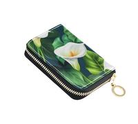 Cute Card Holder RFID Blocking Small Women's Wallets Leather Zipper Wallet with Coin Pouch White Calla Lilies Green Leaves