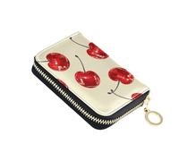 Cute Card Holder RFID Blocking Wallet Womens Small Leather Zipper Card and Cash Holder Shiny Red Cherries Beige
