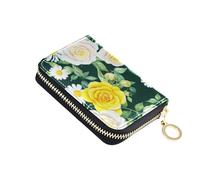 Cute Card Holder Wallets RFID Blocking Small Wallet for Women Leather Zipper Change Purse with Key Ring Floral Watercolor White Yellow Roses