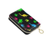Cute Card Holder Wallets RFID Blocking Women Wallet Small Leather Zipper Wallet with Coin Pouch Colorful Dinosaur Footprints Black