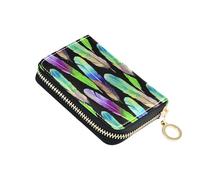 Cute Card Holder Wallets RFID Blocking Womens Wallet Zip Around Small Zipper Wallet with Coin Pocket Watercolor Feathers Green Black