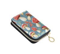 Cute Card Holder Wallets RFID Blocking Women's Wallets Zip Around Small Travel Cash Wallet with Coin Pocket Mushrooms Leaves Gray Blue