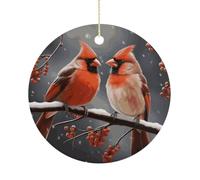 Cute Cardinal Birds Double-Sided Ceramic Christmas Ornaments - Round Hanging Mini Xmas Tree Decorations, Ideas for Farmers, Rustic Home Decor for Indoor Outdoor Tree Decor