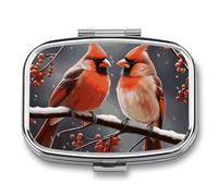 Cute Cardinal Birds Pill Box - 2 Compartment Travel Pill Organizer with Small Mirror, Portable Pillcase for Pocket & Purse, Cute Square Medicine Case, Weekly Medicine Container