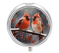Cute Cardinal Birds Pill Box - 3 Compartment Travel Pill Organizer with Small Mirror, Portable Pillcase for Pocket & Purse, Cute Round Medicine Case, Weekly Medicine Container