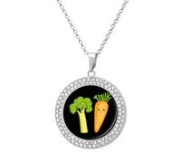 Cute Carrot And Broccoli Shiny Diamond Necklace for Women Personalized Round Pendant Chain Jewel Gift