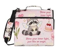 Cute Cartoon Angel Raccoon 3 Ringing Zipper Binder Organizer with Shoulder Strap Includes Zip Pocket Portable Portfolio for Office School