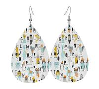 Cute Cartoon Animal Alphabet Piercing Teardrop Earrings Set, Fashion Leather Earrings Dangle Hoop For Women Birthday Party Jewelry Gift