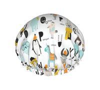 Cute Cartoon Animal Alphabet Print Shower Cap For Women Reusable Double Layer Stylish Soft Bath Cap With Lining Elastic Band