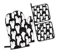 Cute Cartoon Animal Penguin Fansmall Black and WhiteMushroom Oven Mitts and Pot Holders Sets of 4,NonSlip Heat Resistant Oven Gloves for Baking Cooking Grilling BBQ