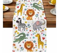 Cute Cartoon Animal Table Runner, Lovely Lion Elephant Giraffe Zebra Crocodile Flower Cotton and Table Linen Runner for Kitchen Dining Home Decor for Party Festival Holiday Decoration Gift 13x70in