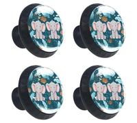 Cute Cartoon Baby Elephants with Leaves on Teal Background Cabinet Knobs, 35mm Round Glass Knobs for Dressers and Drawers, Decorative Handles Pulls for Home Kitchen Bedroom, 4 Pack