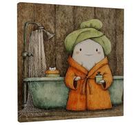Cute Cartoon Bath Canvas Wall Art, Green Orange Cozy Character Poster Prints, Fanciful Bathroom Decor for Living Room, Bedroom, Bathroom, Dorm, Wrapped Canvas 12x12 Inch