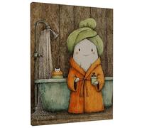 Cute Cartoon Bath Canvas Wall Art, Green Orange Cozy Character Poster Prints, Fanciful Bathroom Decor for Living Room, Bedroom, Bathroom, Dorm, Wrapped Canvas 12x16 Inch