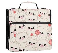 Cute Cartoon Bear Candy White 1.5-Inch 3-Rings Zippered Binder Bag with Shoulder Strap Waterproof Document Organizer Bag Suitable for Middle School
