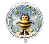 Cute Cartoon Bee Metal Pill Organizer, 3 Compartment Waterproof Pill Case with Mirror for Purse Pocket Bag, Daily Medicine Vitamin Holder, Portable Travel Med Container(Round)