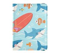 Cute Cartoon Blue Shark Leather Passport Holders for travel Vaccine Case Protector Cover Passport Holder Combo with Vaccine Card Slot for women Waterproof