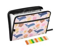 Cute Cartoon Blue Whale Flowers Paper File Organizer 13 Pockets A4 Letter Size with Zipper Closure for Hanging File Folders