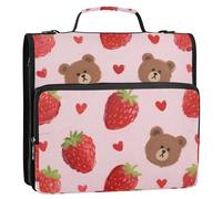 Cute Cartoon Brown Bear Strawberry 3 Rings Zippered Binder Bag with Handle and Removable Shoulder Strap Waterproof Documents Files Storage Bag Suitable for Middle School Gestor de encuadernación de