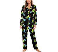 Cute Cartoon Budgie Couple Soft Pyjamas For Women Two-piece Long Sleeve Button Down Loungewear Sets With Pockets S