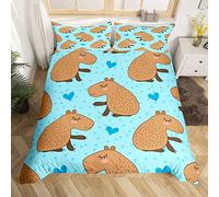 Cute Cartoon Capybara Duvet Cover Set Double Size, South America Fauna Comforter Cover with 2 Pillowcases, Blue Hearts Dots Print Bedding Set 3pcs for Kids Boys Girls Lightweight Bedspread Cover