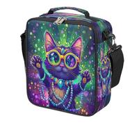 Cute Cartoon Cat Mardi Gras Kids Lunch Bag for Boys Girls, Reusable Insulated Leakproof Lunch Box with Shoulder Strap, Toddler Cooler Tote for School Picnic Travel Beach Hiking Fishing
