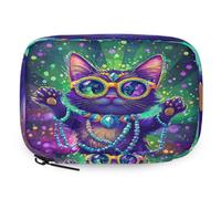 Cute Cartoon Cat Mardi Gras Pill Organizer Travel Medicine Case with Zipper Daily Vitamin Storage Bag Portable 8 Slot Weekly Pill Box Supplement Holder for Home Office Gym Travel