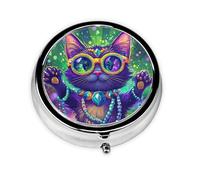 Cute Cartoon Cat Mardi Gras Round Pill Box with 3 Compartments, Mini Metal Pill Organizer for Purse or Pocket, Lightweight Portable for Daily Use Gifts Travel