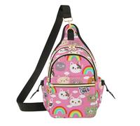Cute Cartoon Cat Pink Crossbody Bag, Shoulder Bag with Magnetic Front Pocket, Polyester Daypack for Travel and Shopping