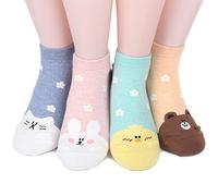 Cute Cartoon Character Women's Ankle Socks 4 pairs (4 color) = 1 pack Made in Korea