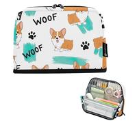 Cute Cartoon Corgi Dogs Footprints Pencil Bags Storage Pencils Pouch Zipper Pencil Case Big Classroom Pen Bag Boys Funny College Preppy School Office Supplies