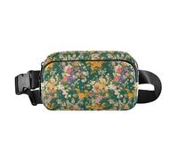 Cute Cartoon Crocodile Alligator Large Capacity Fanny Pack Waist Bag with Adjustable Strap for Shopping Sports Work, Colourful Small Liberty Blooming on Green Background, One Size