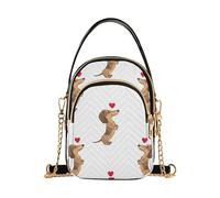 Cute Cartoon Dachshunds Heart White Women over Shoulder Purse Chain Wallet Cell Phone Purse Floral Print Zipper Bowler Tote Ladies Satchel, 5.9" × 8.3" × 3.1"