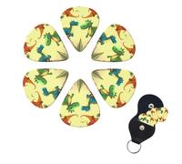 Cute cartoon dinosaurs Guitar Picks 6 Pack, 0.71mm Thickness Celluloid Bass Pick with Leather Guitar Pick Holder Keychain Abstract Art Pics Plectrum for Acoustic Electric Guitar, Ukulele, Bass