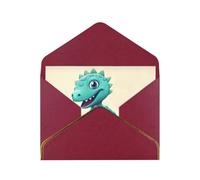 Cute Cartoon Dinosaurs Luxury Pearl Paper Greeting Card With Gold Border, Blank Inside, With Envelope - Birthday, Wedding, Christmas, Valentine