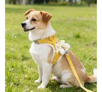 Cute Cartoon Dog Chest Strap Leash, Dog Harness and Leash Set, Dog Harness Breathable Poly-Cotton Mesh Breathable Mesh, Adjustable Vest with Bow (Yellow, S)