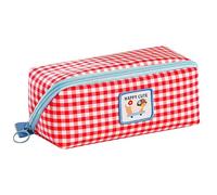 Cute Cartoon Dog Pencil Case with Large Capacity, Stylish Gingham Checkered Design, Multi-Functional Stationery Organizer for Kids Girls Boys, Blue and Red Fabric Pencil Bag