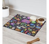 Cute Cartoon Doodles Absorbent Dog Food Mat with Non-Slip Backing, 16 x 24 inch Feeding Mat for Puppy Cat Bowls, Spill-Proof Pet Diner Placemat for Kitchen Floors