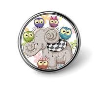 Cute Cartoon Elephant and Five Owls on a Flowers Background Round Brooch Pin, Unisex Smooth Surface Lapel Tie Pin, Lightweight Badge Jewelry Crafts Decor for Costume Accessory Men Women