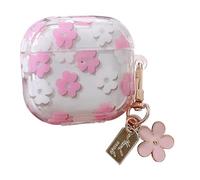 Cute Cartoon Floral Pattern Case Compatible for AirPods 4 Cover with Flowers Keyring Design for Women Girls Soft TPU Protective Shockproof Case for AirPods 4th Generation (Pink)