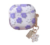 Cute Cartoon Floral Pattern Case Compatible for AirPods 4 Cover with Flowers Keyring Design for Women Girls Soft TPU Protective Shockproof Case for AirPods 4th Generation (Purple)
