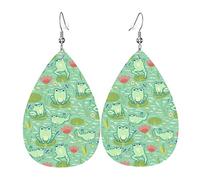Cute Cartoon Frog Pattern Earrings Faux Leather Teardrop Earring Lightweight Dangle for Women Girls